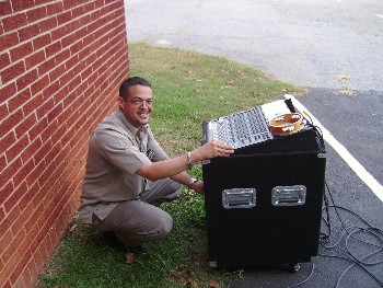 Setting up the sound system.